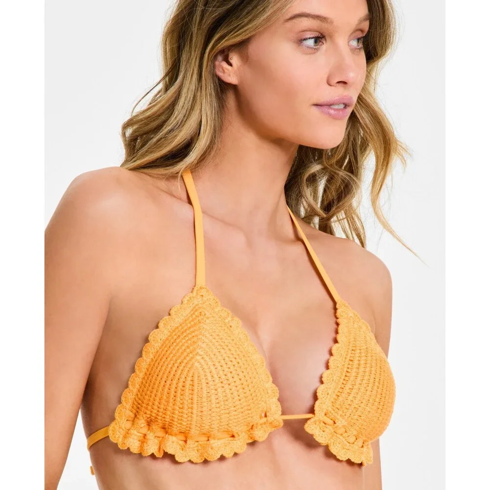 Salt + Cove Crochet Halter Triangle Bikini Juniors' XL Orange V-Neck Tie Closure